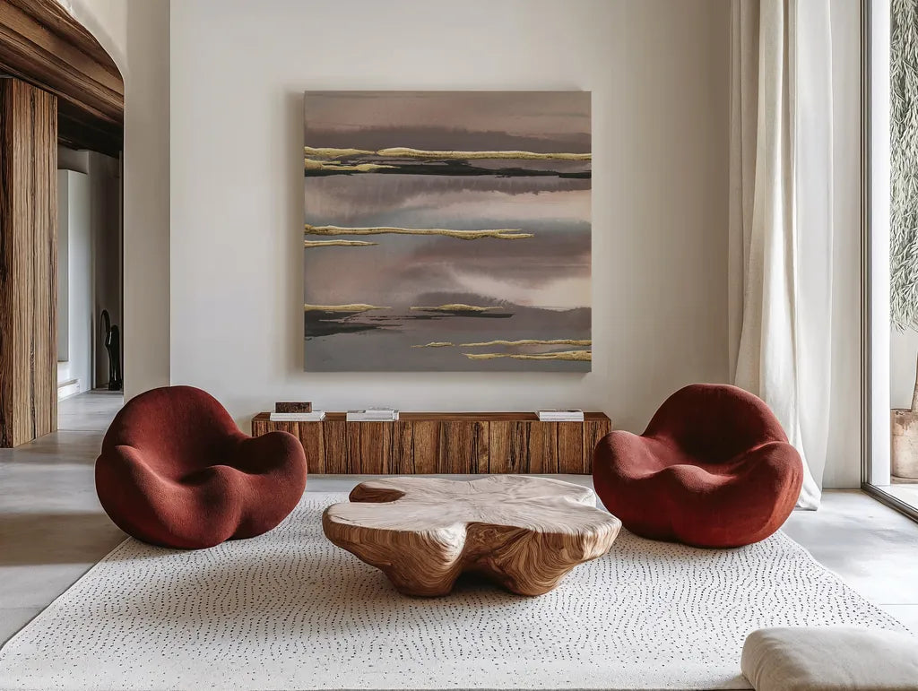Gilded Morning Fog I Gold by Chris Paschke. Shown as extra-large giant wall art in a modern living room. Available as an archival giclee rolled canvas, fine art paper, or poster print. SKU 27428a.