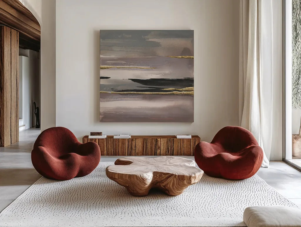 Gilded Morning Fog II by Chris Paschke. Shown as extra-large giant wall art in a modern living room. Available as an archival giclee rolled canvas, fine art paper, or poster print. SKU 26745a.