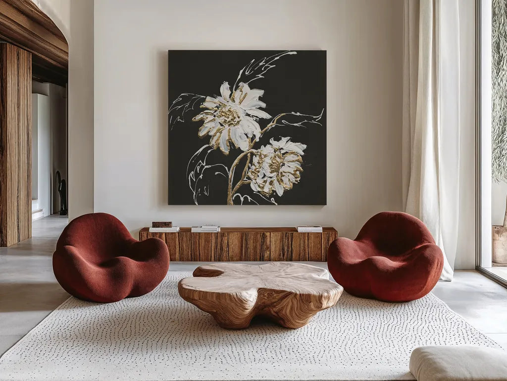 Gilded Sunflowers by Chris Paschke. Shown as extra-large giant wall art in a modern living room. Available as an archival giclee rolled canvas, fine art paper, or poster print. SKU 26158a.