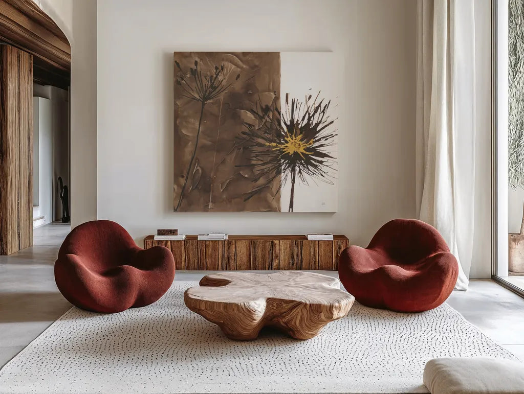 Gilded Thistle I by Chris Paschke. Shown as extra-large giant wall art in a modern living room. Available as an archival giclee rolled canvas, fine art paper, or poster print. SKU 96185a.