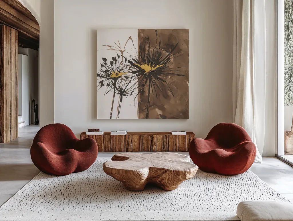 Gilded Thistle II by Chris Paschke. Shown as extra-large giant wall art in a modern living room. Available as an archival giclee rolled canvas, fine art paper, or poster print. SKU 96186a.