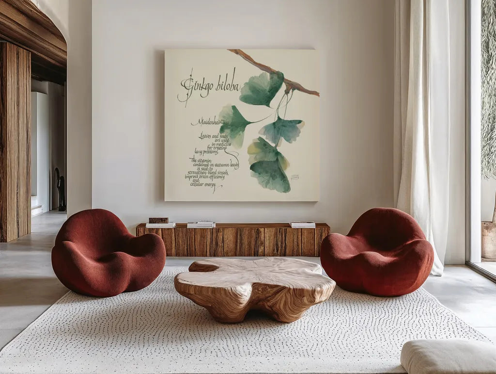 Ginko Biloba by Chris Paschke. Shown as extra-large giant wall art in a modern living room. Available as an archival giclee rolled canvas, fine art paper, or poster print. SKU 1447a.
