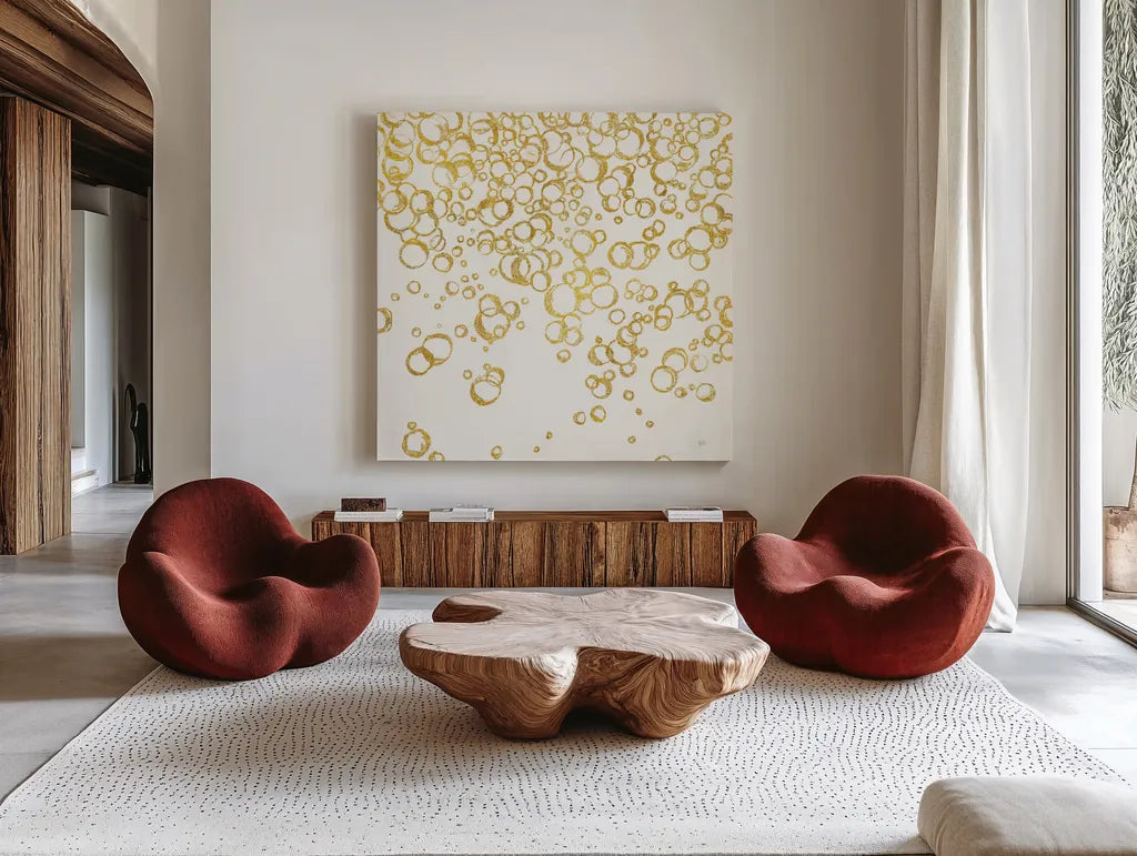 Gold Bubbles I by Chris Paschke. Shown as extra-large giant wall art in a modern living room. Available as an archival giclee rolled canvas, fine art paper, or poster print. SKU 68833a.