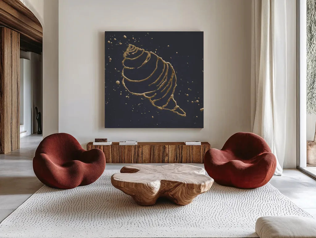 Gold Conch I by Chris Paschke. Shown as extra-large giant wall art in a modern living room. Available as an archival giclee rolled canvas, fine art paper, or poster print. SKU 69348a.