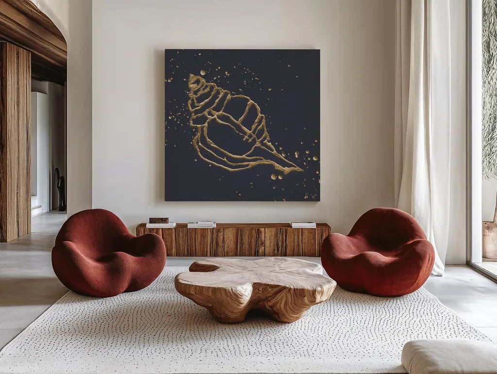 Gold Conch III by Chris Paschke. Shown as extra-large giant wall art in a modern living room. Available as an archival giclee rolled canvas, fine art paper, or poster print. SKU 69350a.