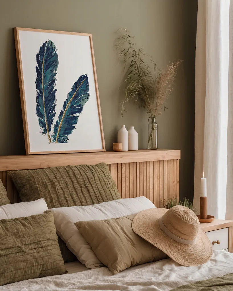 Gold Feathers IV Indigo by Chris Paschke. shown as a paper print in a natural frame. Available as a archival giclee rolled canvas, fine art paper, or poster print. SKU 26438h.