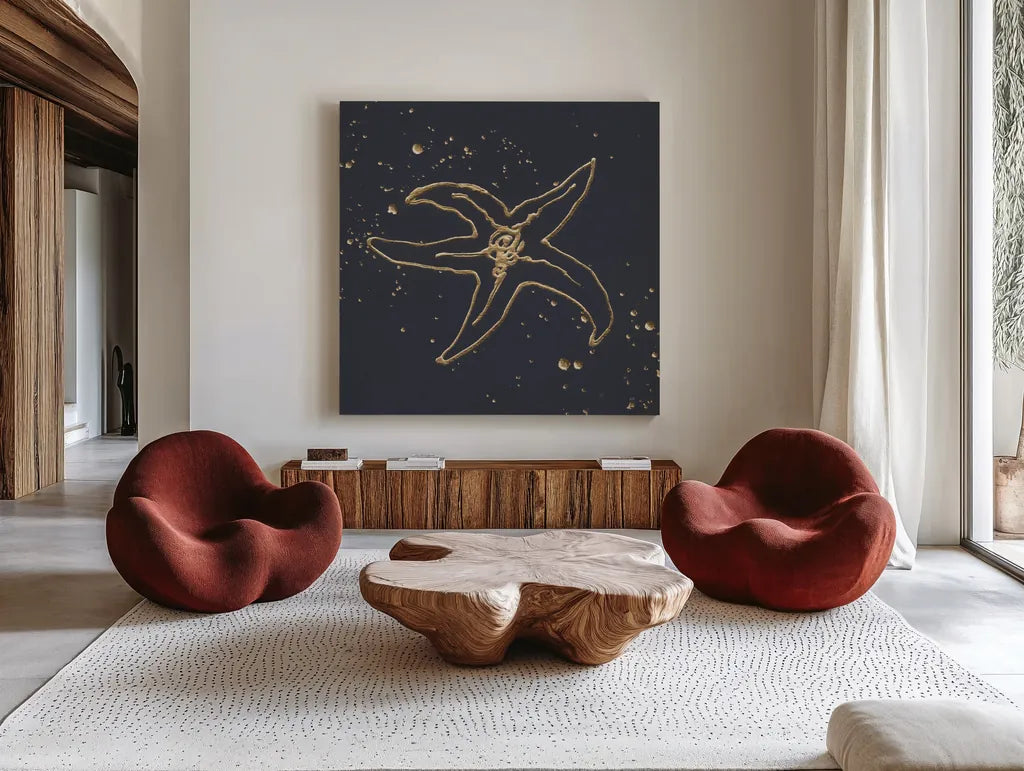 Gold Starfish III by Chris Paschke. Shown as extra-large giant wall art in a modern living room. Available as an archival giclee rolled canvas, fine art paper, or poster print. SKU 69363a.