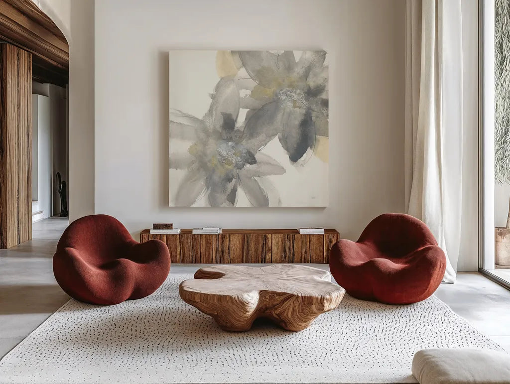 Gray and Silver Flowers II by Chris Paschke. Shown as extra-large giant wall art in a modern living room. Available as an archival giclee rolled canvas, fine art paper, or poster print. SKU 33987a.