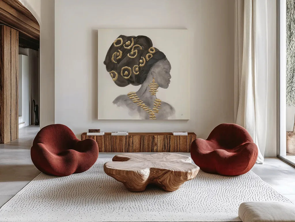 Headdress Beauty I by Chris Paschke. Shown as extra-large giant wall art in a modern living room. Available as an archival giclee rolled canvas, fine art paper, or poster print. SKU 48016a.