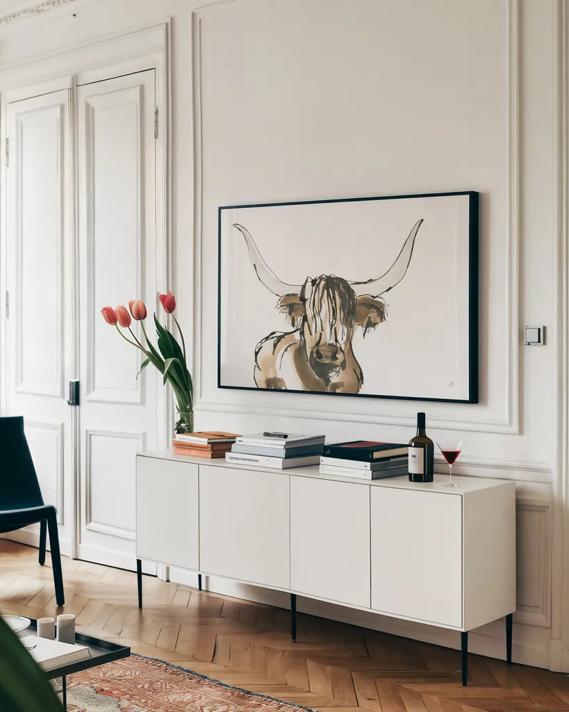 Highlander II by Chris Paschke. shown as a framed stretched canvas in a living room above a console. Available as a archival giclee rolled canvas, fine art paper, or poster print. SKU 53319i.