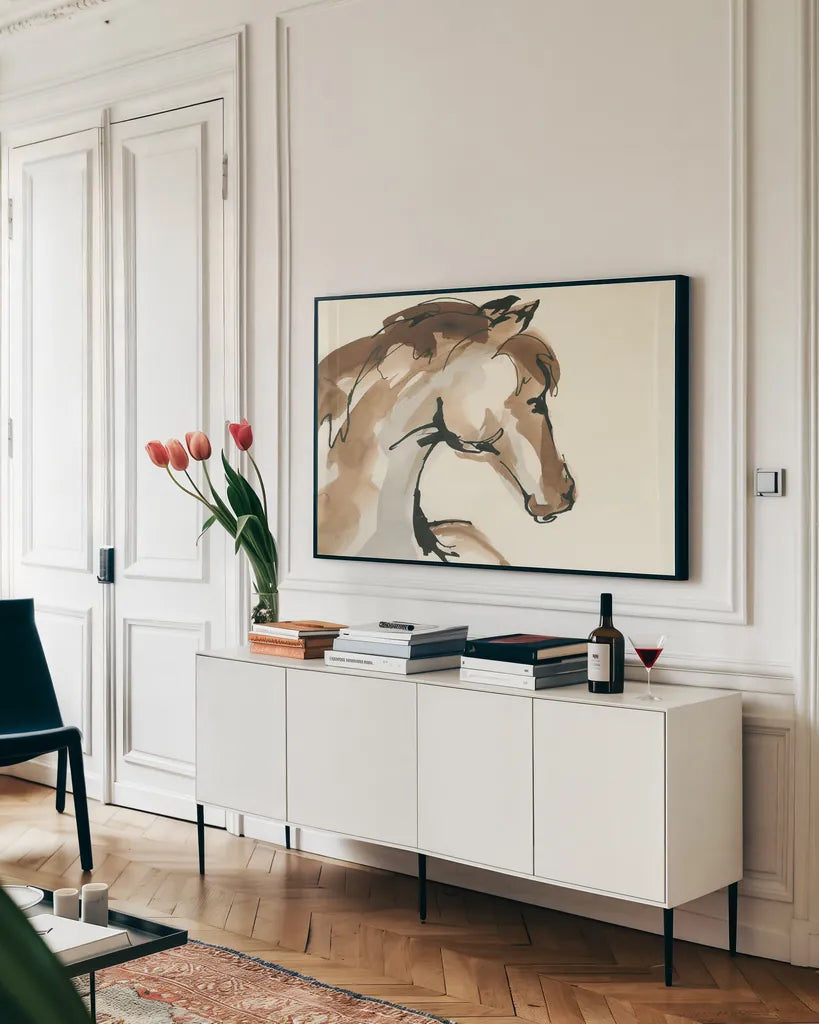 Horse Head I by Chris Paschke. shown as a framed stretched canvas in a living room above a console. Available as a archival giclee rolled canvas, fine art paper, or poster print. SKU 49929i.