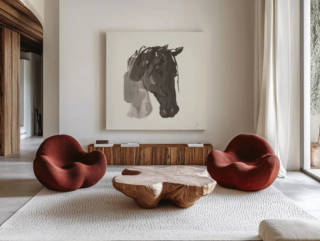 Horse Portrait I by Chris Paschke. Shown as extra-large giant wall art in a modern living room. Available as an archival giclee rolled canvas, fine art paper, or poster print. SKU 62498a.