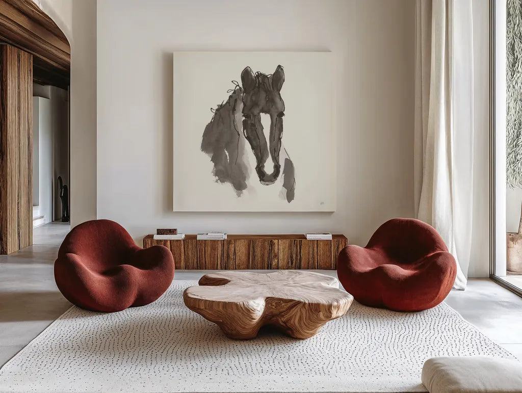 Horse Portrait III by Chris Paschke. Shown as extra-large giant wall art in a modern living room. Available as an archival giclee rolled canvas, fine art paper, or poster print. SKU 62500a.