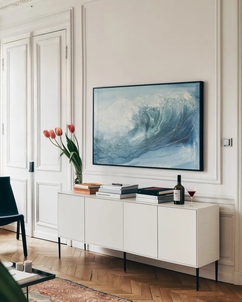 In the Blue VI by Chris Paschke. shown as a framed stretched canvas in a living room above a console. Available as a archival giclee rolled canvas, fine art paper, or poster print. SKU 61474i.