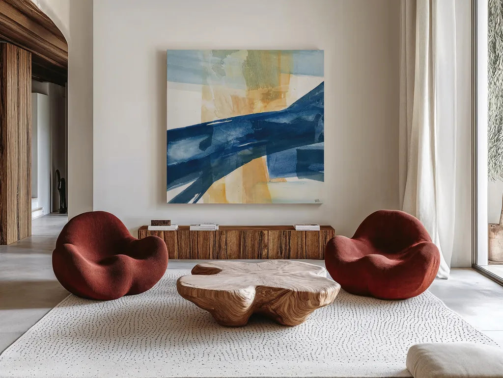 Indigo III by Chris Paschke. Shown as extra-large giant wall art in a modern living room. Available as an archival giclee rolled canvas, fine art paper, or poster print. SKU 15135a.