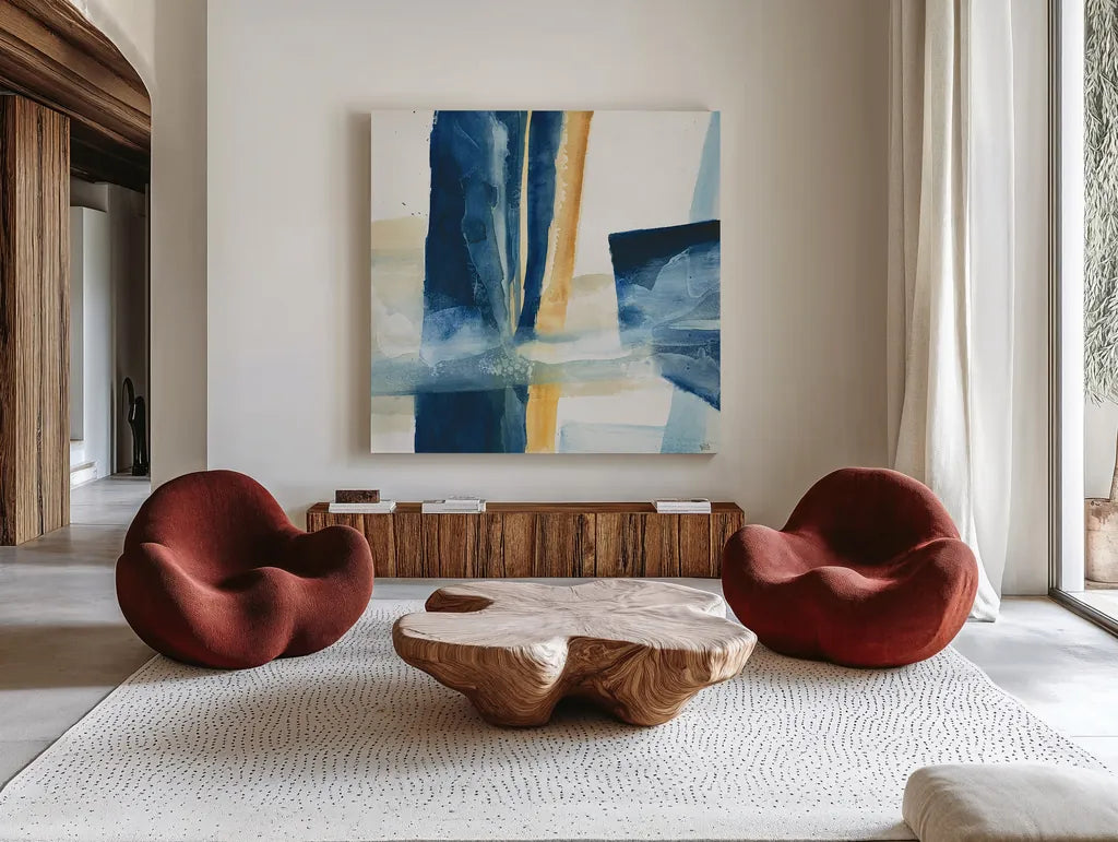 Indigo IV by Chris Paschke. Shown as extra-large giant wall art in a modern living room. Available as an archival giclee rolled canvas, fine art paper, or poster print. SKU 15136a.