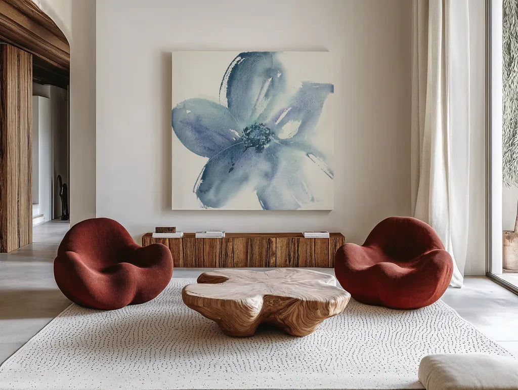 Indigo Mint I by Chris Paschke. Shown as extra-large giant wall art in a modern living room. Available as an archival giclee rolled canvas, fine art paper, or poster print. SKU 33998a.