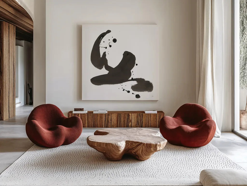 Ink Drops I by Chris Paschke. Shown as extra-large giant wall art in a modern living room. Available as an archival giclee rolled canvas, fine art paper, or poster print. SKU 66207a.