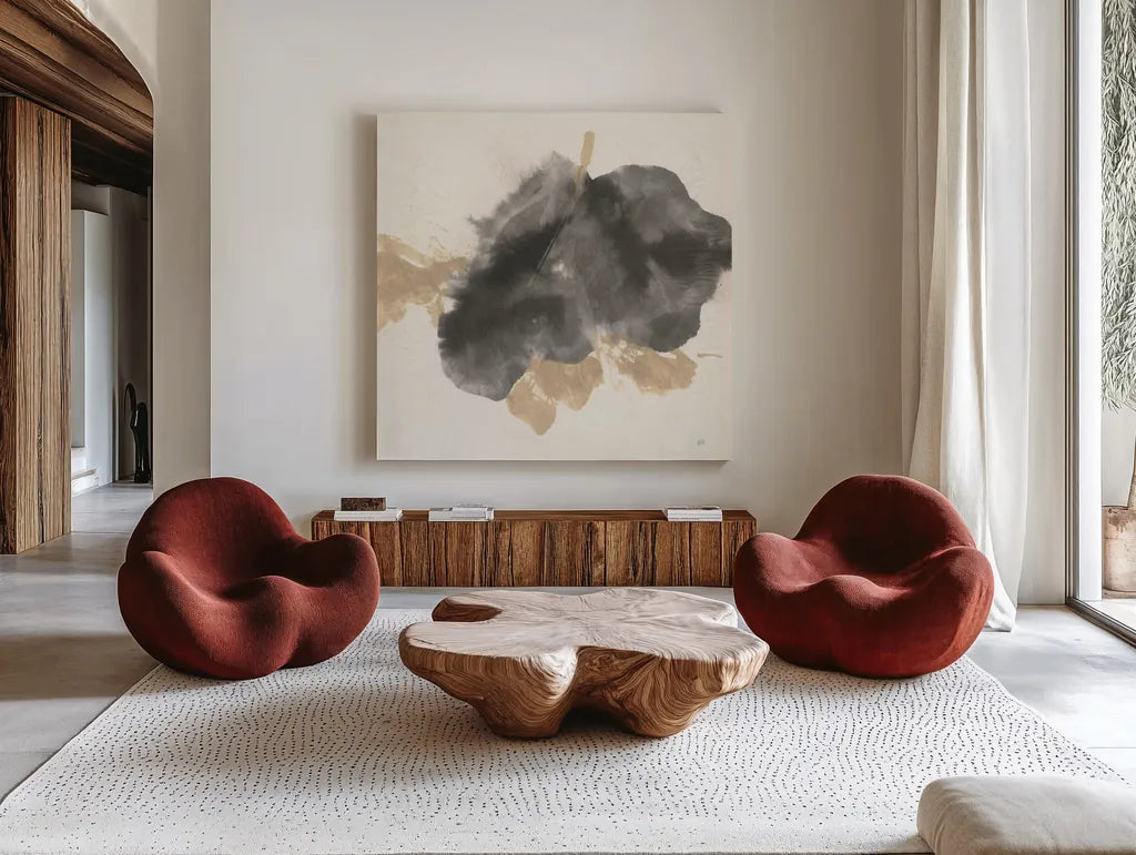 Ink Flow I by Chris Paschke. Shown as extra-large giant wall art in a modern living room. Available as an archival giclee rolled canvas, fine art paper, or poster print. SKU 75457a.