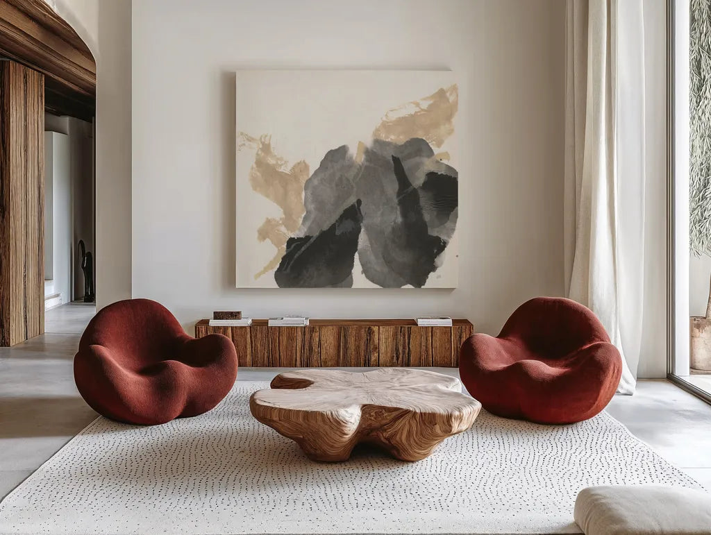 Ink Flow III by Chris Paschke. Shown as extra-large giant wall art in a modern living room. Available as an archival giclee rolled canvas, fine art paper, or poster print. SKU 75459a.