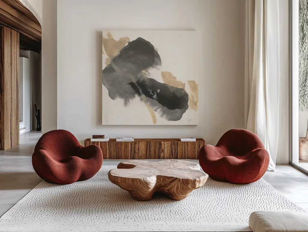 Ink Flow IV by Chris Paschke. Shown as extra-large giant wall art in a modern living room. Available as an archival giclee rolled canvas, fine art paper, or poster print. SKU 75460a.