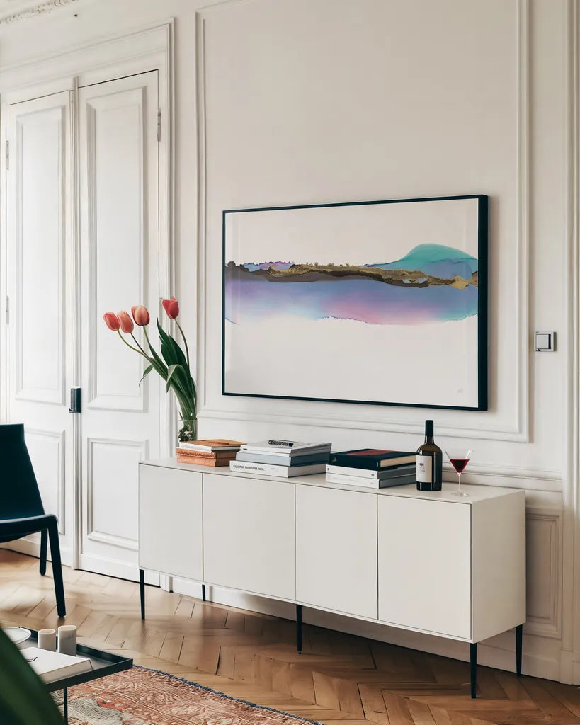 Island by Chris Paschke. shown as a framed stretched canvas in a living room above a console. Available as a archival giclee rolled canvas, fine art paper, or poster print. SKU 65427i.