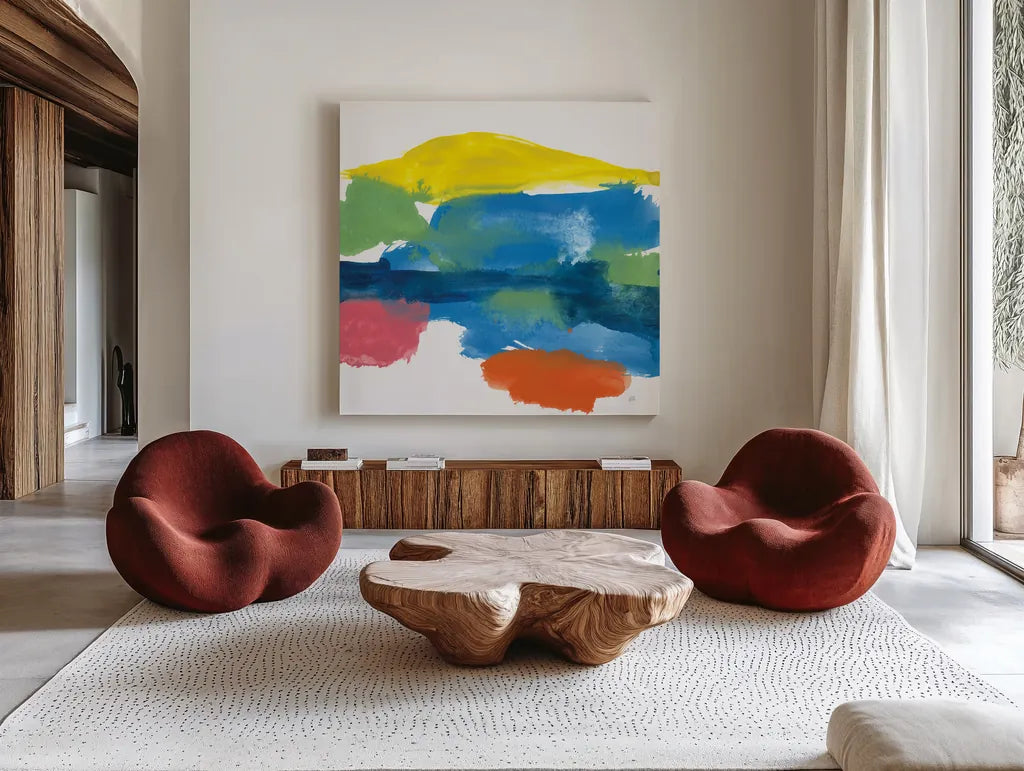 Jewel Abstraction II by Chris Paschke. Shown as extra-large giant wall art in a modern living room. Available as an archival giclee rolled canvas, fine art paper, or poster print. SKU 80136a.
