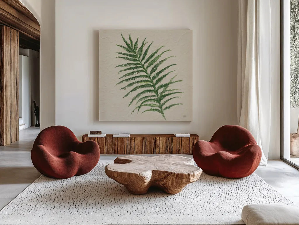 Kozo Fern VII by Chris Paschke. Shown as extra-large giant wall art in a modern living room. Available as an archival giclee rolled canvas, fine art paper, or poster print. SKU 95420a.