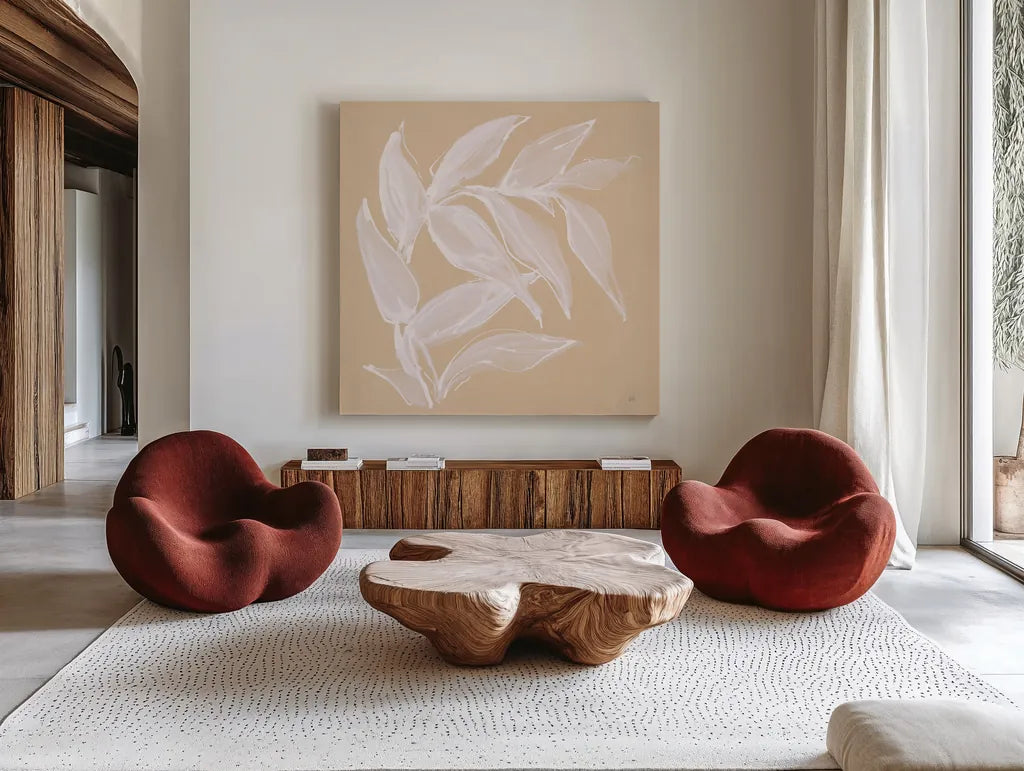 Leaf Study VI by Chris Paschke. Shown as extra-large giant wall art in a modern living room. Available as an archival giclee rolled canvas, fine art paper, or poster print. SKU 66777a.