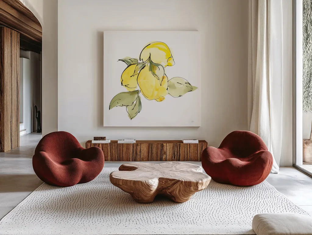 Lemons I by Chris Paschke. Shown as extra-large giant wall art in a modern living room. Available as an archival giclee rolled canvas, fine art paper, or poster print. SKU 66876a.