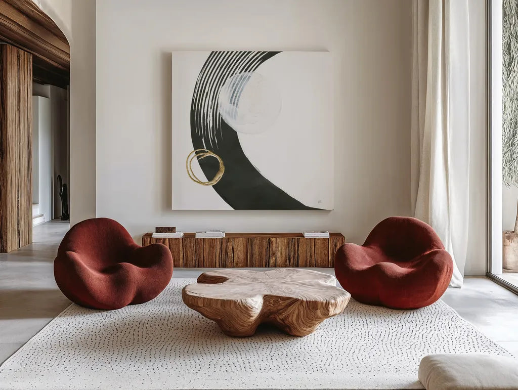 Many Moons I by Chris Paschke. Shown as extra-large giant wall art in a modern living room. Available as an archival giclee rolled canvas, fine art paper, or poster print. SKU 82404a.