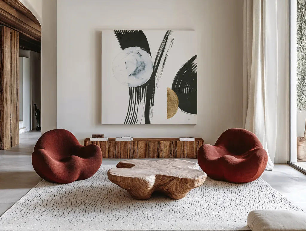 Many Moons IV by Chris Paschke. Shown as extra-large giant wall art in a modern living room. Available as an archival giclee rolled canvas, fine art paper, or poster print. SKU 82407a.