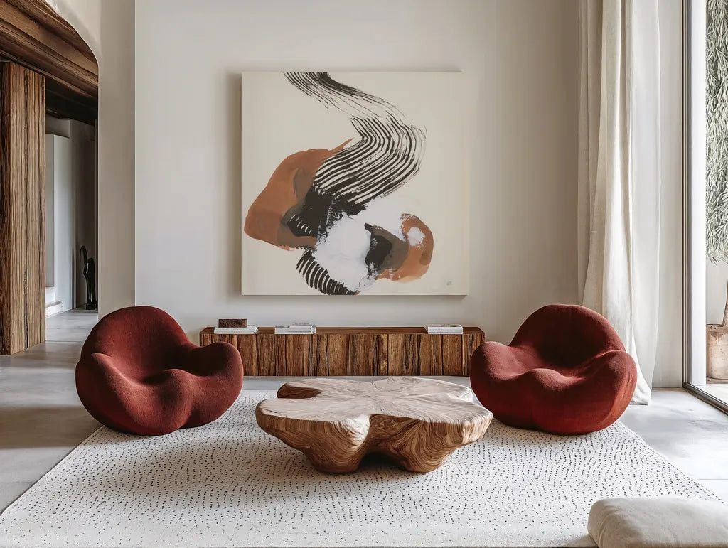 Mixed Modern I by Chris Paschke. Shown as extra-large giant wall art in a modern living room. Available as an archival giclee rolled canvas, fine art paper, or poster print. SKU 84549a.