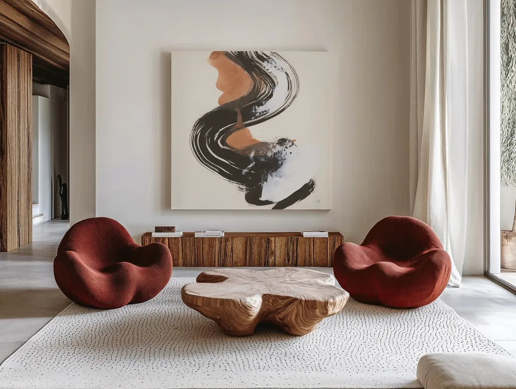 Mixed Modern IV by Chris Paschke. Shown as extra-large giant wall art in a modern living room. Available as an archival giclee rolled canvas, fine art paper, or poster print. SKU 84552a.