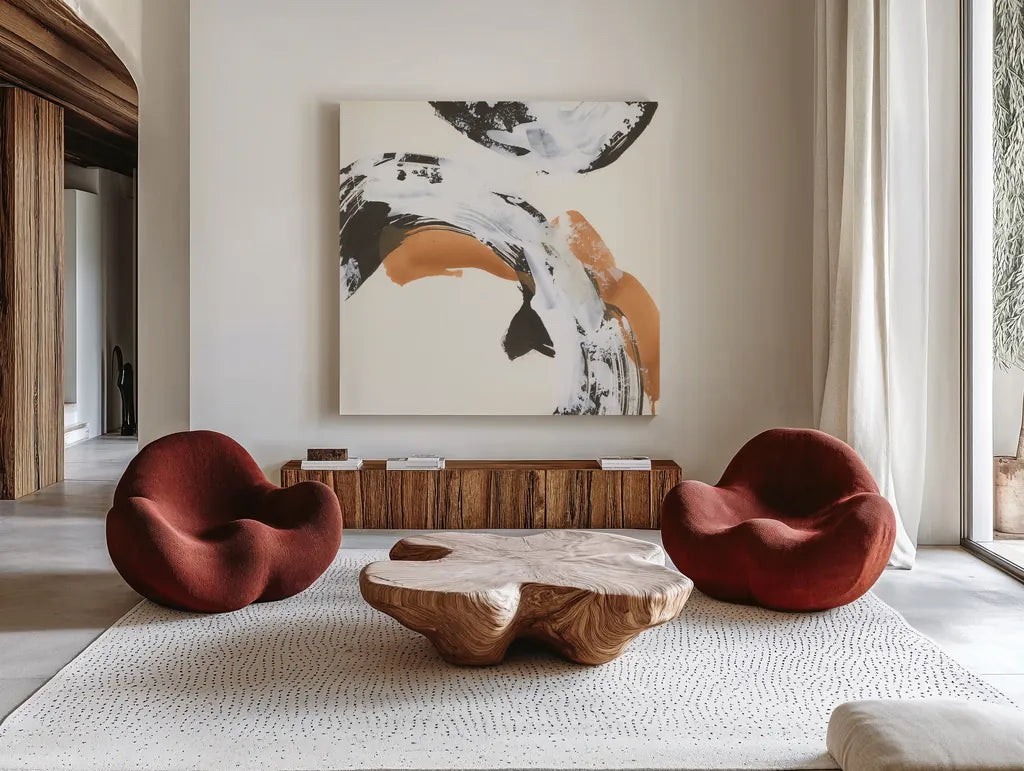 Mixed Modern VI by Chris Paschke. Shown as extra-large giant wall art in a modern living room. Available as an archival giclee rolled canvas, fine art paper, or poster print. SKU 84554a.