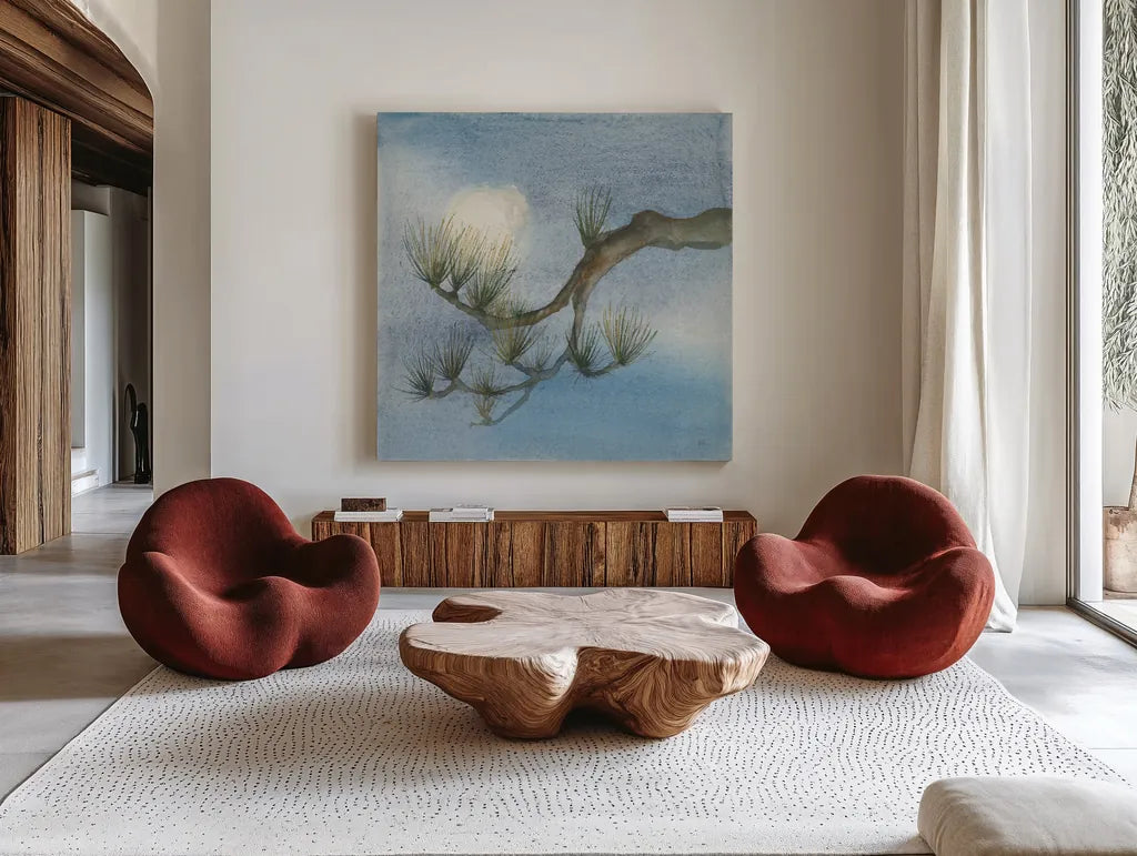 Moon Season Winter by Chris Paschke. Shown as extra-large giant wall art in a modern living room. Available as an archival giclee rolled canvas, fine art paper, or poster print. SKU 65457a.