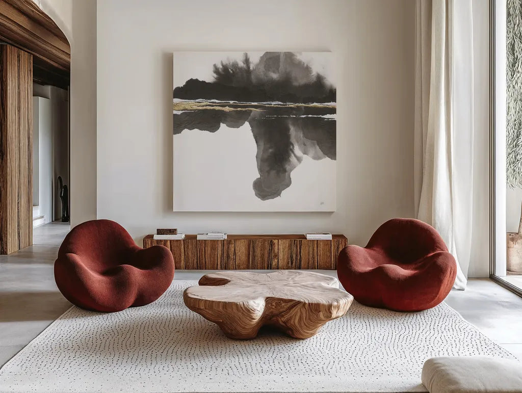 Mountain Reflection by Chris Paschke. Shown as extra-large giant wall art in a modern living room. Available as an archival giclee rolled canvas, fine art paper, or poster print. SKU 74361a.