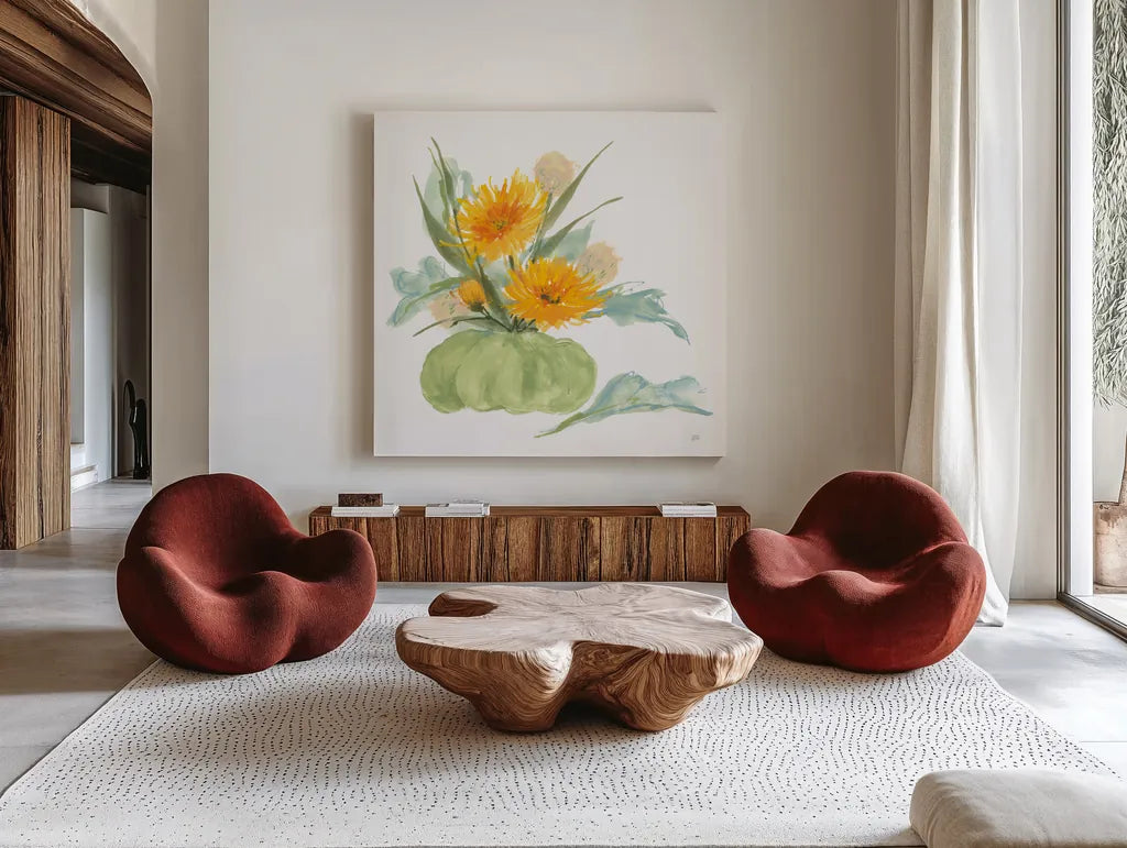 Mums and Dusty Miller by Chris Paschke. Shown as extra-large giant wall art in a modern living room. Available as an archival giclee rolled canvas, fine art paper, or poster print. SKU 81868a.