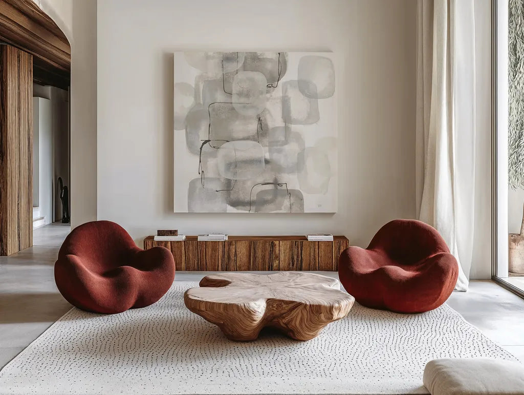 Neutral Stacking I White by Chris Paschke. Shown as extra-large giant wall art in a modern living room. Available as an archival giclee rolled canvas, fine art paper, or poster print. SKU 31563a.