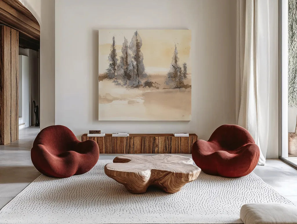 Neutral Treescape I by Chris Paschke. Shown as extra-large giant wall art in a modern living room. Available as an archival giclee rolled canvas, fine art paper, or poster print. SKU 89503a.