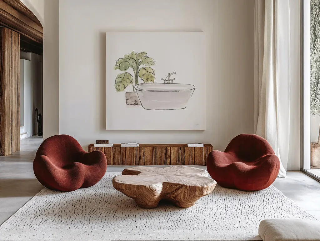 Neutral Tub IV by Chris Paschke. Shown as extra-large giant wall art in a modern living room. Available as an archival giclee rolled canvas, fine art paper, or poster print. SKU 66223a.