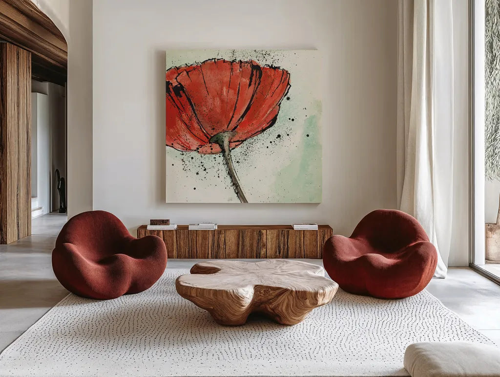 Not a California Poppy I by Chris Paschke. Shown as extra-large giant wall art in a modern living room. Available as an archival giclee rolled canvas, fine art paper, or poster print. SKU 10142a.