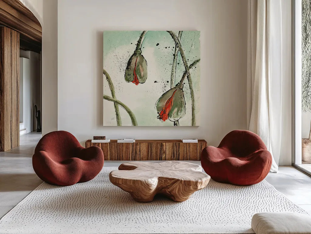 Not a California Poppy II by Chris Paschke. Shown as extra-large giant wall art in a modern living room. Available as an archival giclee rolled canvas, fine art paper, or poster print. SKU 10143a.