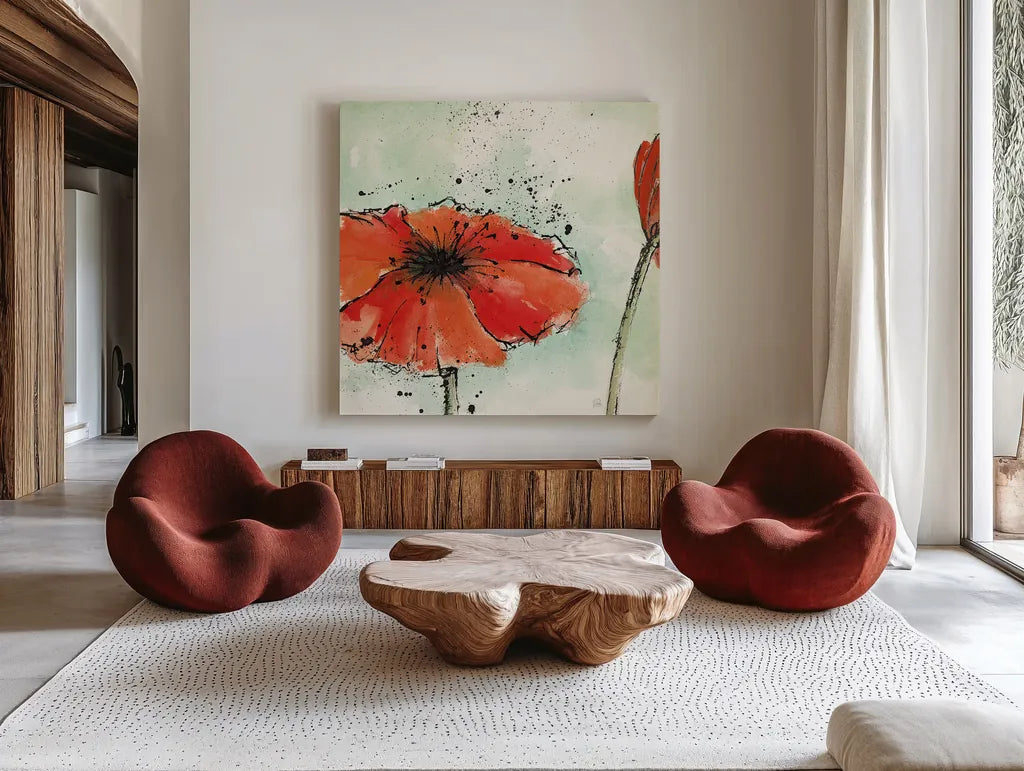 Not a California Poppy III by Chris Paschke. Shown as extra-large giant wall art in a modern living room. Available as an archival giclee rolled canvas, fine art paper, or poster print. SKU 10144a.