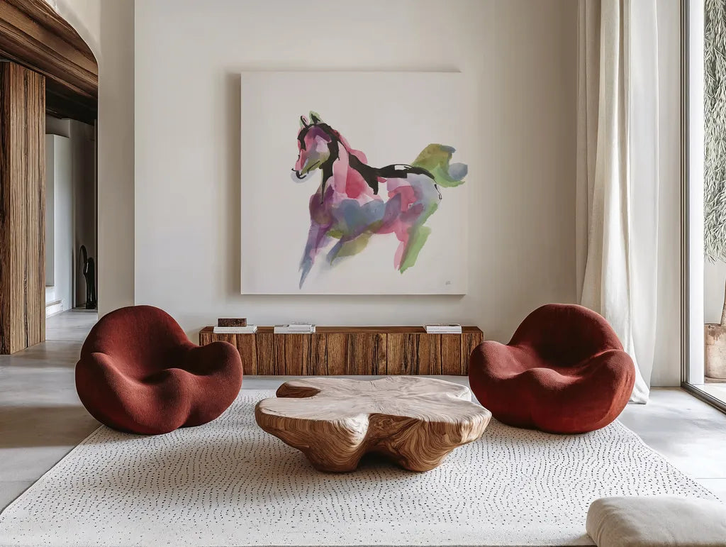 Party Horse II by Chris Paschke. Shown as extra-large giant wall art in a modern living room. Available as an archival giclee rolled canvas, fine art paper, or poster print. SKU 98234a.