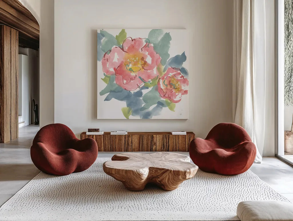 Peony in the Pink I on White by Chris Paschke. Shown as extra-large giant wall art in a modern living room. Available as an archival giclee rolled canvas, fine art paper, or poster print. SKU 49546a.