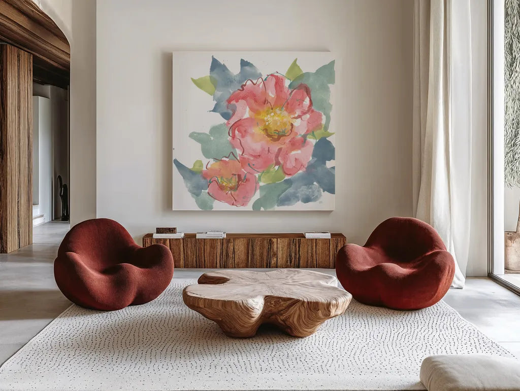 Peony in the Pink II on White by Chris Paschke. Shown as extra-large giant wall art in a modern living room. Available as an archival giclee rolled canvas, fine art paper, or poster print. SKU 49547a.
