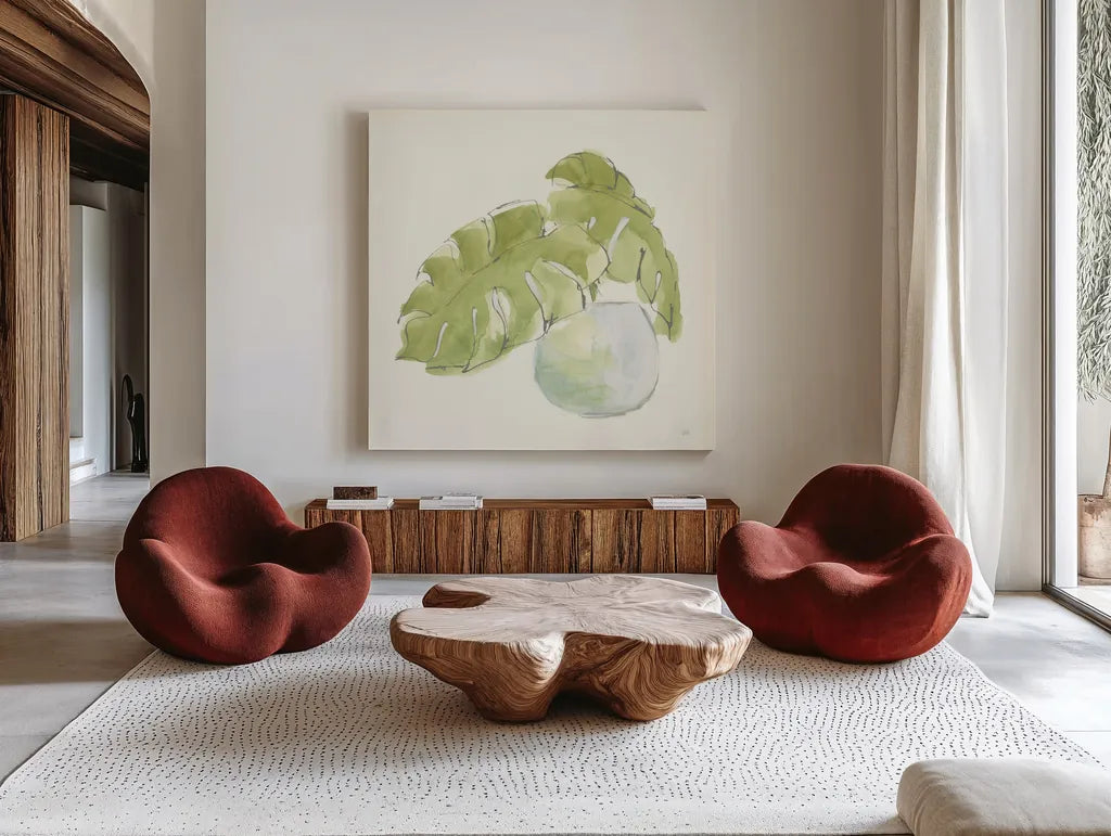 Plant Big Leaf IV by Chris Paschke. Shown as extra-large giant wall art in a modern living room. Available as an archival giclee rolled canvas, fine art paper, or poster print. SKU 55029a.