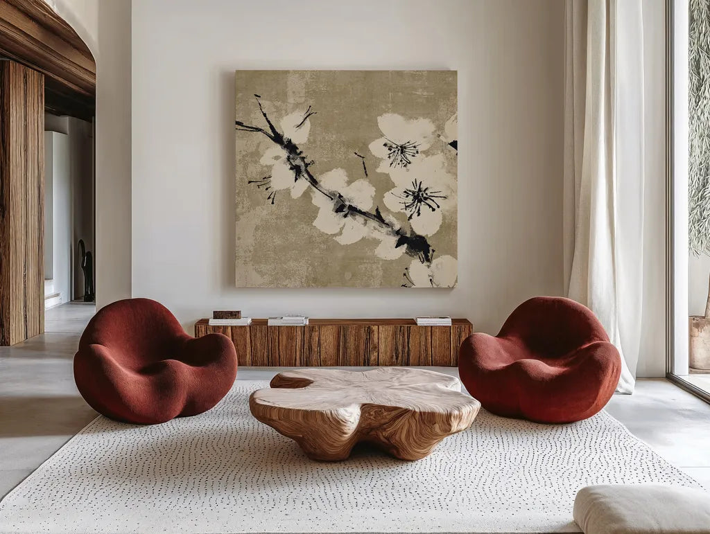 Plum Blossom II Neutral by Chris Paschke. Shown as extra-large giant wall art in a modern living room. Available as an archival giclee rolled canvas, fine art paper, or poster print. SKU 19269a.