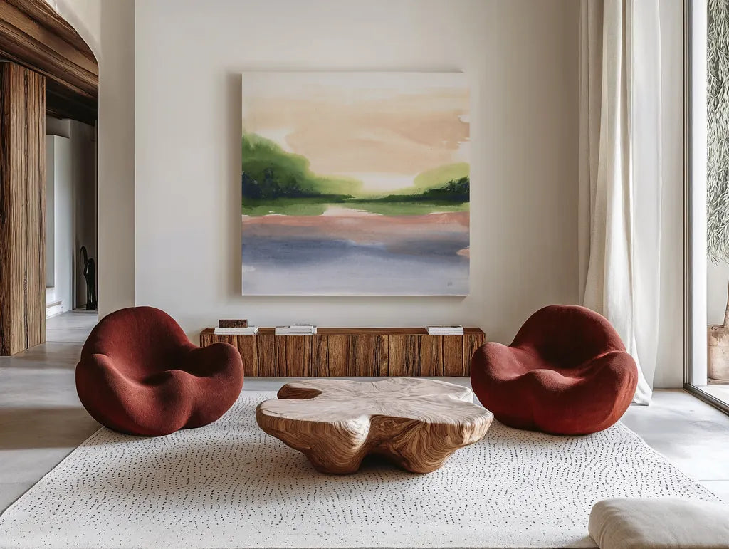 Pond View IV by Chris Paschke. Shown as extra-large giant wall art in a modern living room. Available as an archival giclee rolled canvas, fine art paper, or poster print. SKU 94404a.
